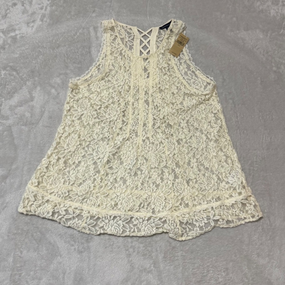 NWT American Eagle‎ Outfitters Lace Tank Top Sleeveless Ivory Criss Cross Back S